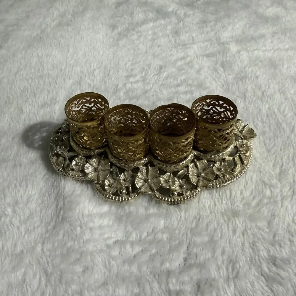 Vtg 70s Gold Tone Lipstick Holder 4 Slots Hollywood Regency Vanity Floral Ornate